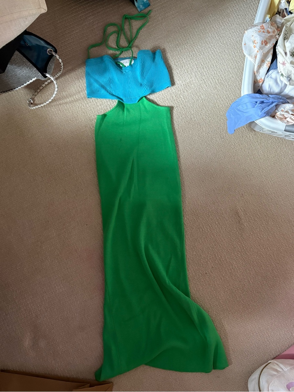 Green Maxi Dress with Teal Knit Halter Top